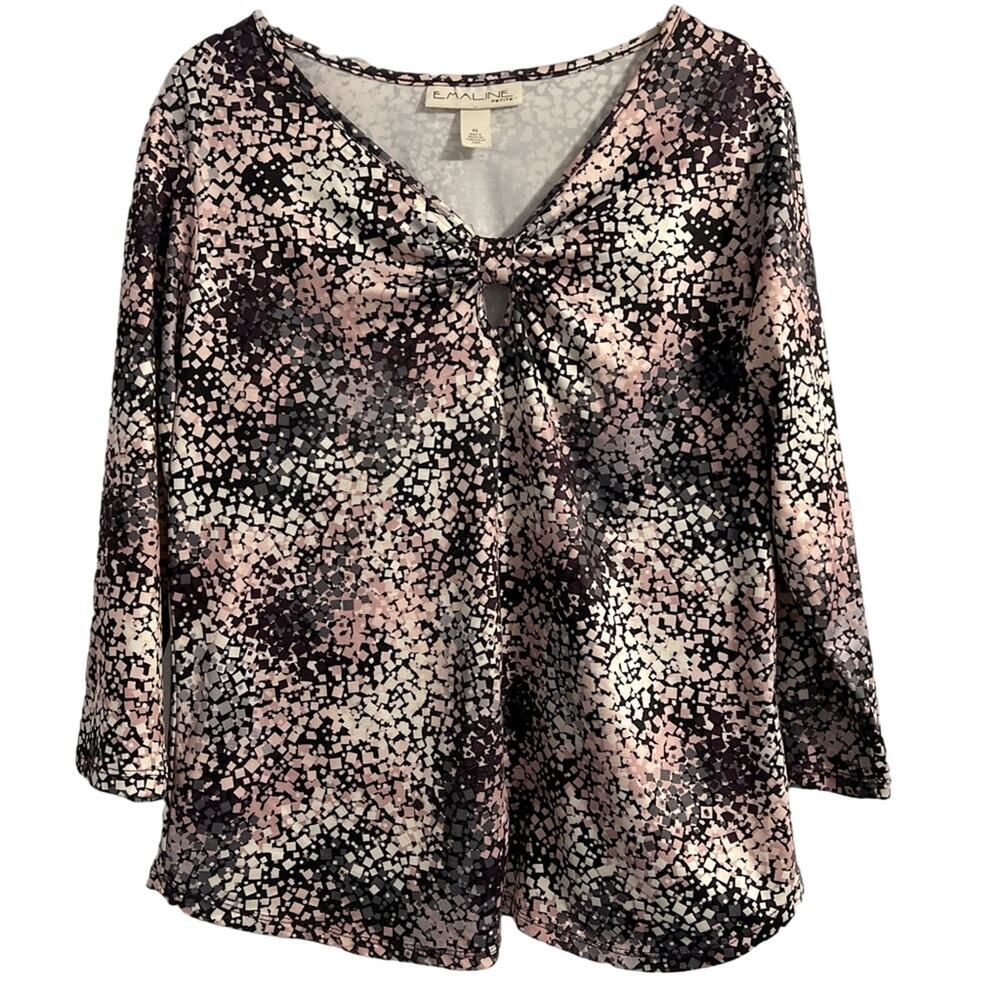 Emaline Top‎ Women's Petite Small Pink Gray Print Stretch Key Hole 3/4 Sleeves